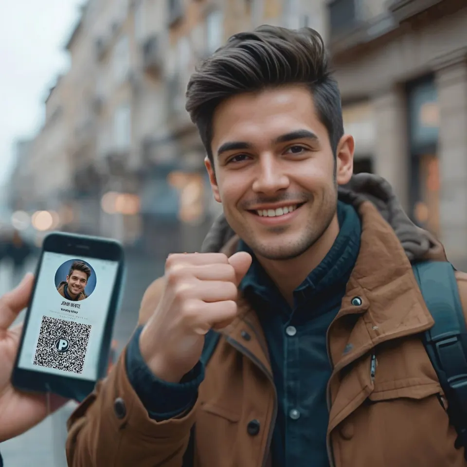 Profesional sonriente mientras le muestran su tarjeta digital con código QR en un teléfono