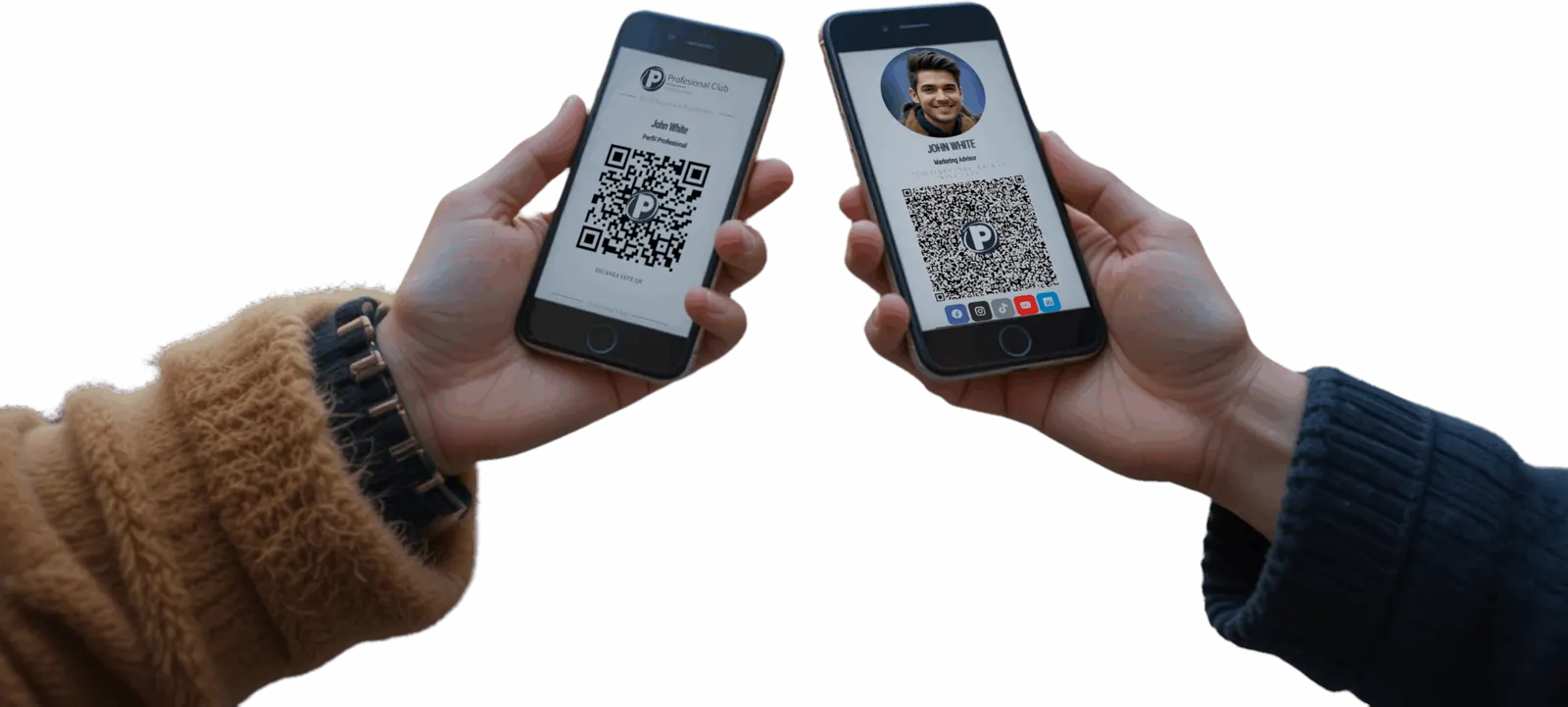 Dos personas acercan sus teléfonos para intercambiar tarjetas digitales con código QR